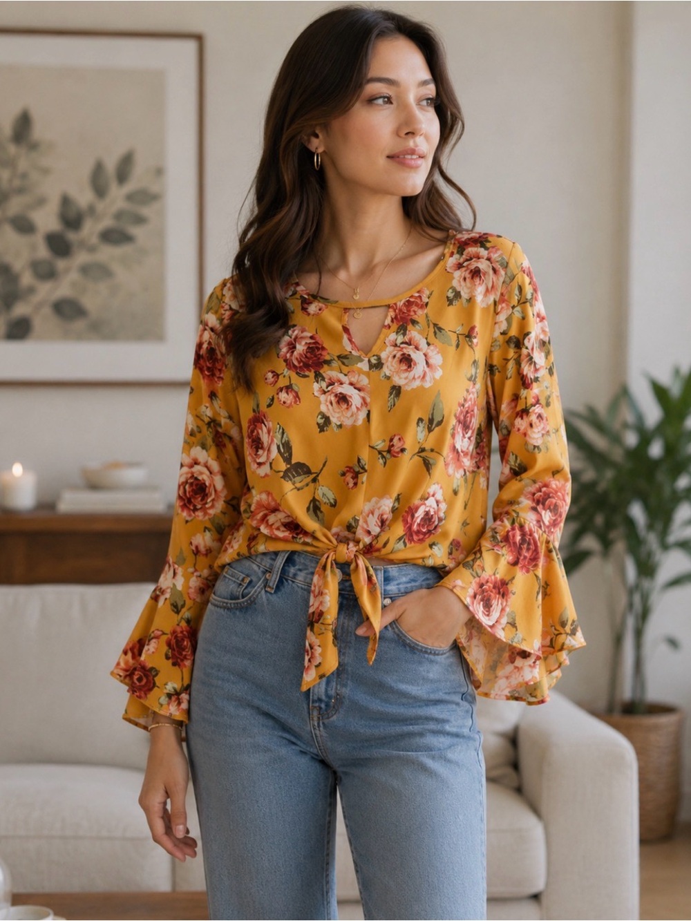 Arabella Mustard Floral Tie Front Blouse Size 1X Boho Bell Sleeve Top
